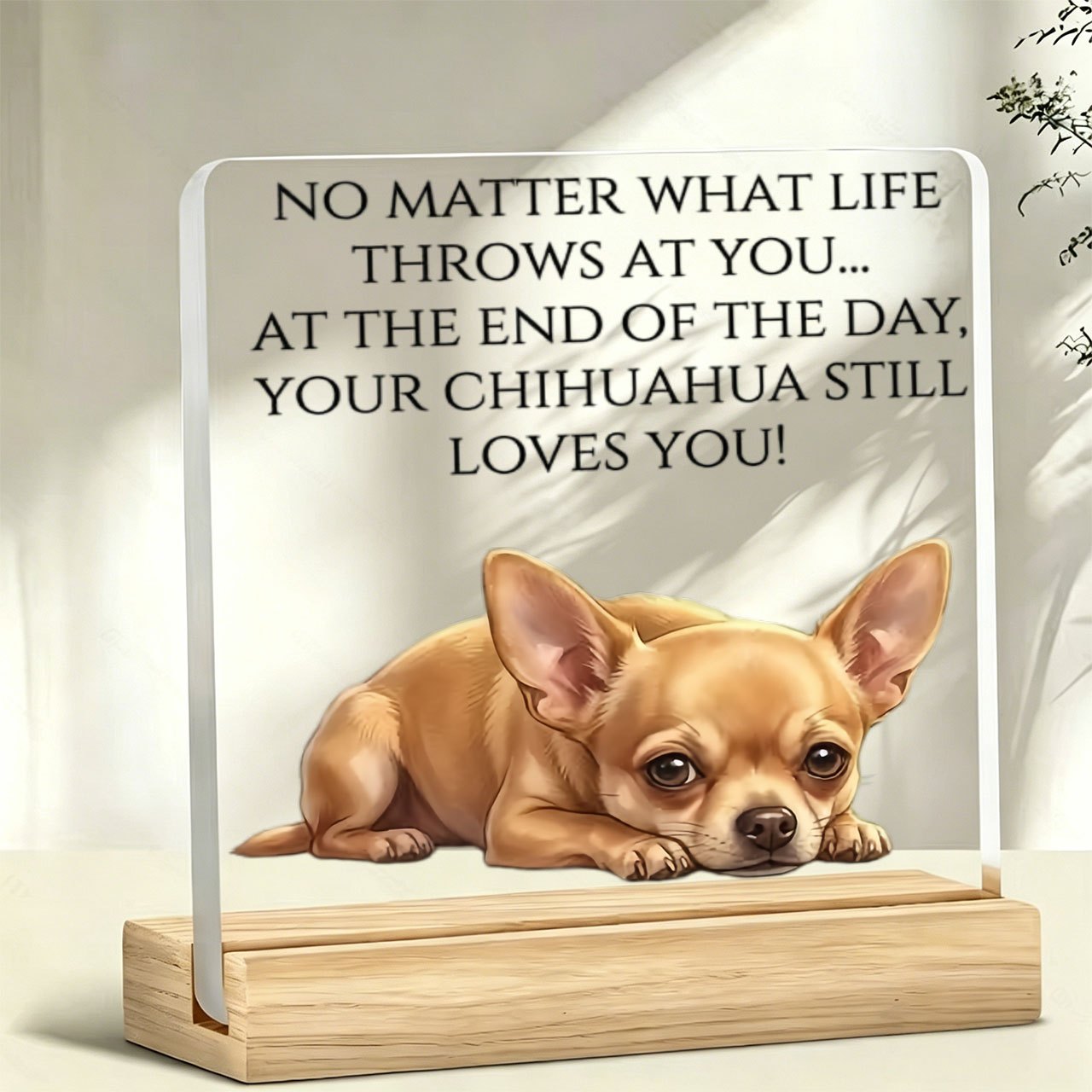TEMU 2d Flat, 1pc Bohemian Chihuahua Dog Paperweight With " Life..." Slogan - Acrylic Standing Figure Ornament Suitable For Home Office Desk Decor,