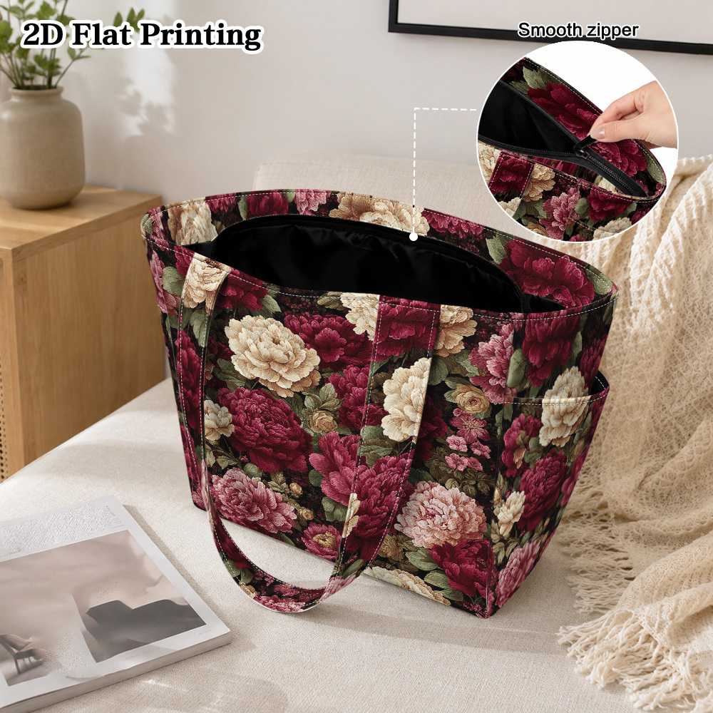 2d flat 1pc floral   and leaves rhombus shaped quilted womens tote bag foldable commuter bag with durable zipper sealed design ideal for commuting   school shopping beach travel and daily leisure use 2d flat