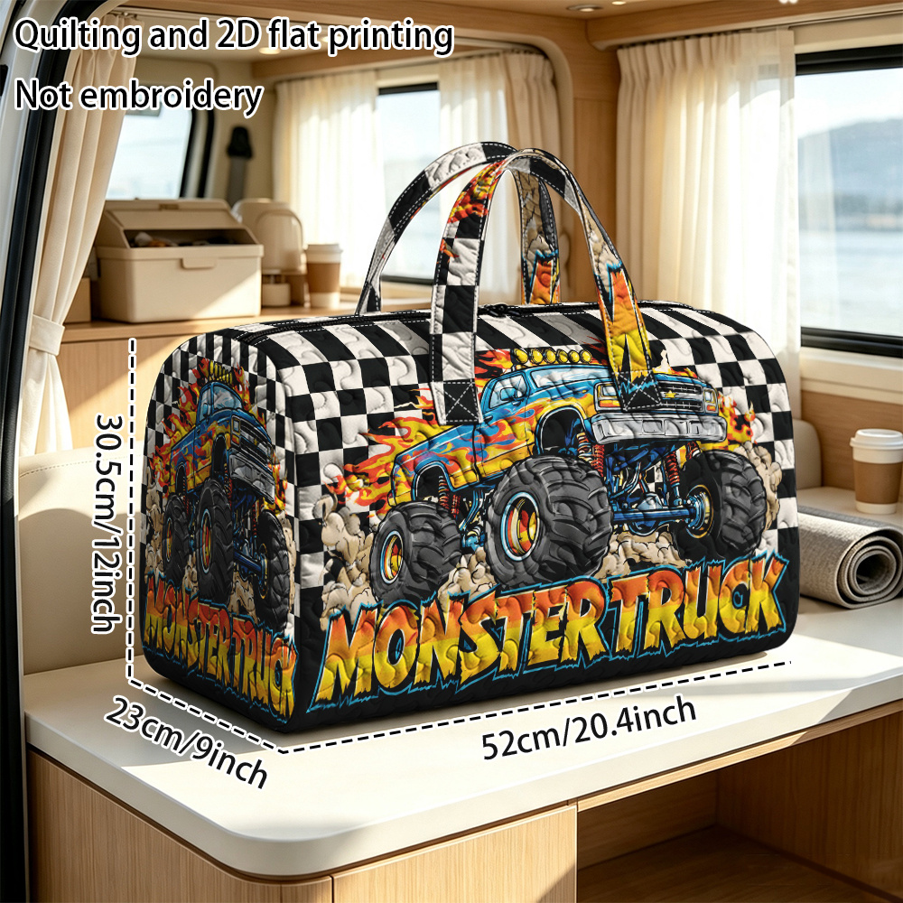 TEMU 1pc Quilting And 2d Flat Printing Quilted Duffle Bag, Monster Truck Flames Pattern Quilted Large Capacity Tote Travel Bag, Outdoor Luggage