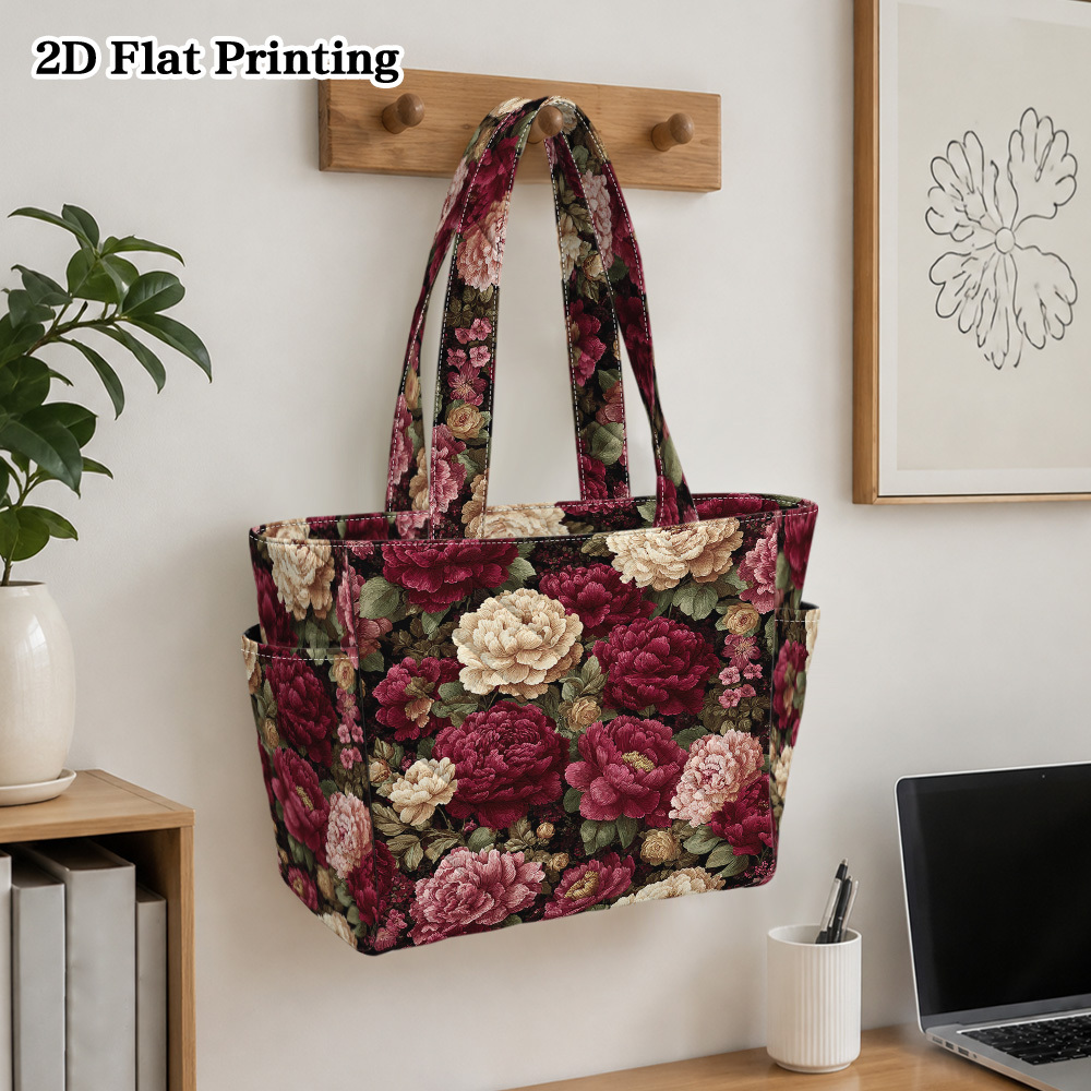 item picture 2d flat 1pc floral   and leaves rhombus shaped quilted womens tote bag foldable commuter bag with durable zipper sealed design ideal for commuting   school shopping beach travel and daily leisure use 2d flat
