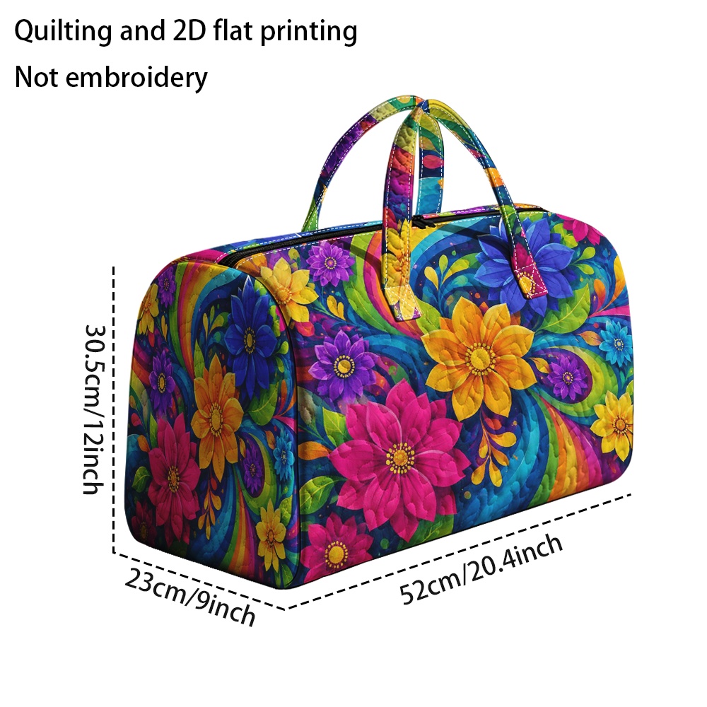 TEMU 2d Flat, 1pc Quilted Tote Hand Bag Floral Swirls Printed Travel Luggage Bag. Suitable For Vacations, , Outdoor Activities, Travel, And Everyday