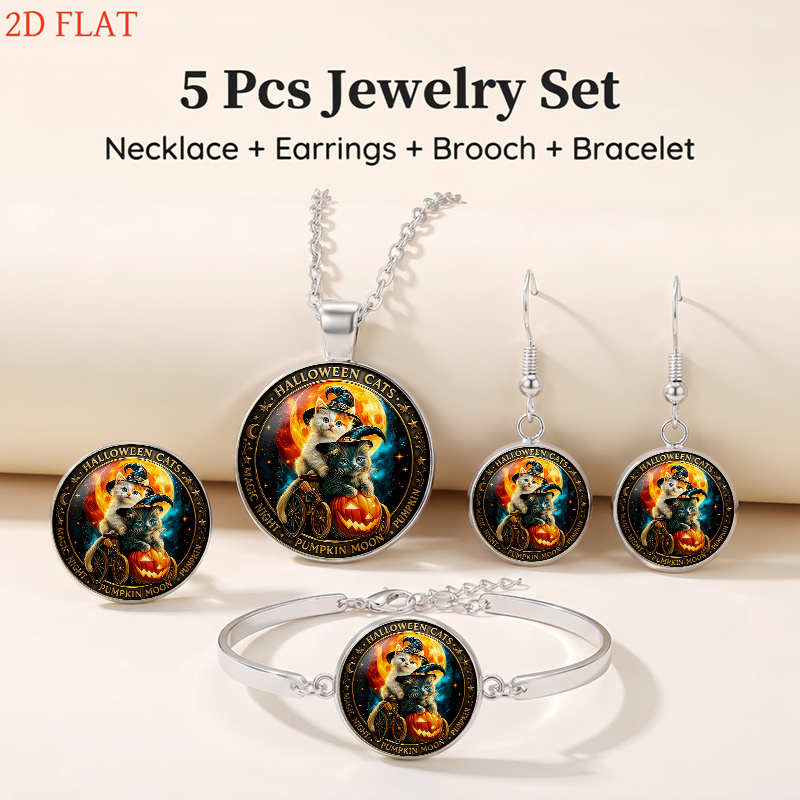 5pc Women's Halloween Magic Cat Jewellery Set, Festive Gift