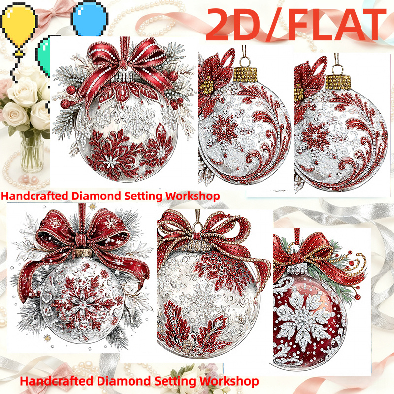 TEMU 6 Styles Red Bow Snowflake Christmas Ornament Pattern 2d Flat Diamond Painting Greeting Card Set, European Ice And Christmas Tree Watercolor
