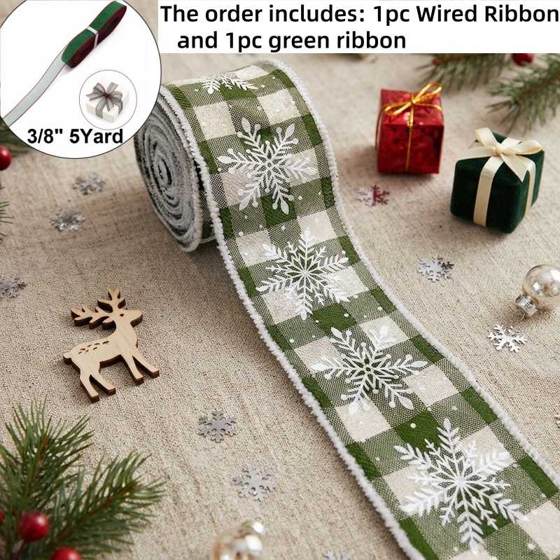 TEMU 5 Yards 3/8 Inch And 5 Yards 2.5 Inch 2pcs Set(6.3cm, 0.9cm), Christmas Green Check Wired Edge Ribbon Bow Ribbon For Bow Making Party Decor