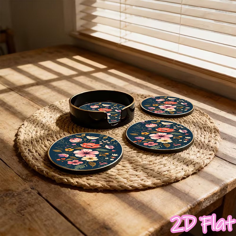 glass coasters 4pcs illustration flowers on dark background pattern protect table home decor holiday gift for restaurant office kitchen party birthday wedding halloween christmas essential for holiday housewarming gift