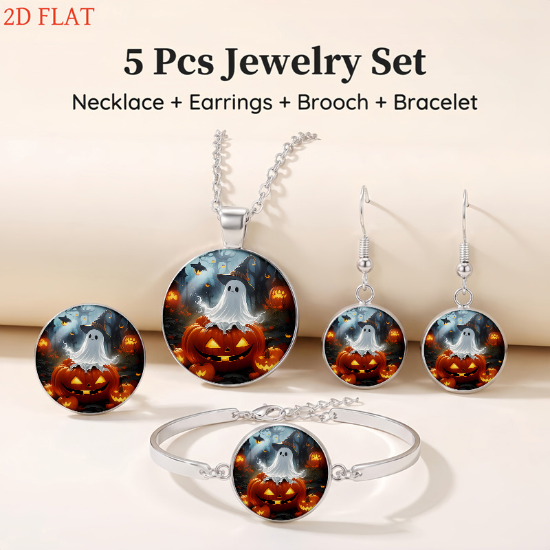 5pc Halloween Pumpkin Theme Necklace Earrings Brooch Bracelet Set