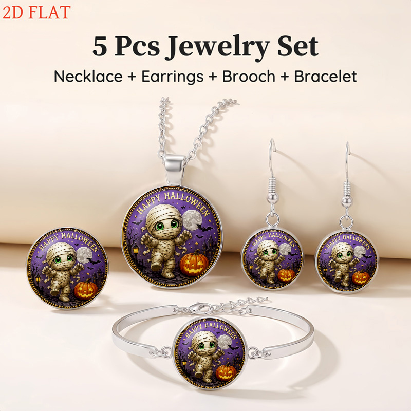 5pc Mummy-Themed Halloween Jewelry Set, Necklace & Earrings
