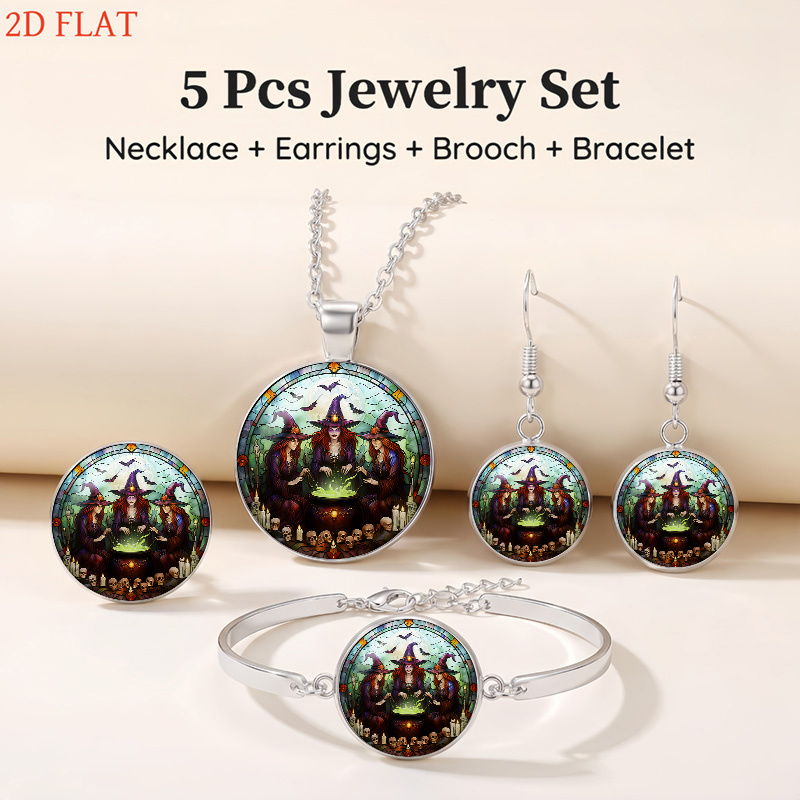5pcs Halloween Witches Cauldron Jewelry Set, Festive Gift