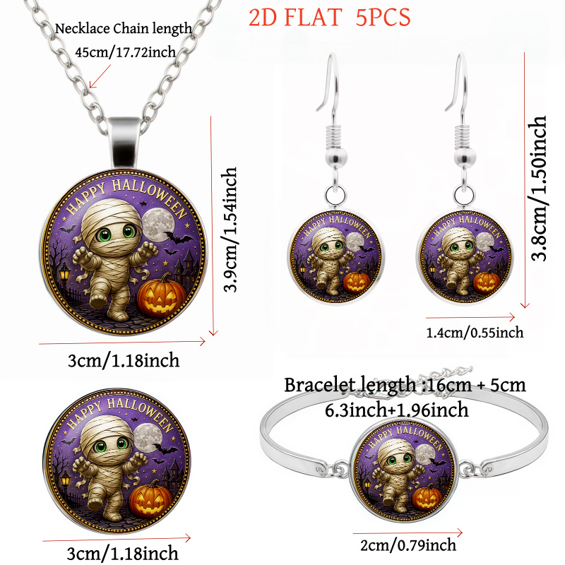 5pc Mummy-Themed Halloween Jewelry Set, Necklace & Earrings