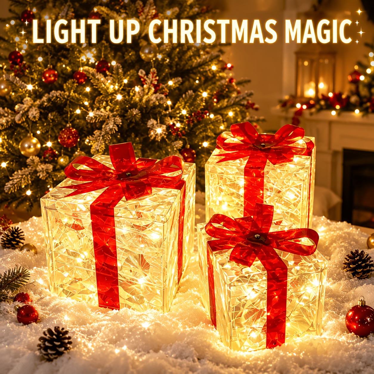 TEMU 3pcs Christmas Gift Box Set, Led Transparent Acrylic Decoration, Suitable For Indoor And Outdoor Holiday Decoration, Suitable For Placement On ,