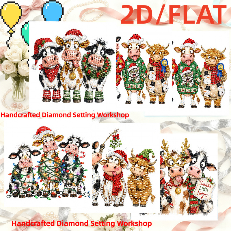 TEMU 6-delige set schattige kerstkoe met kerstmuts leuk 2D platte doe-het-zelf diamant schilderij wenskaartenset, schattige kerstkalf kunstpostkaart,