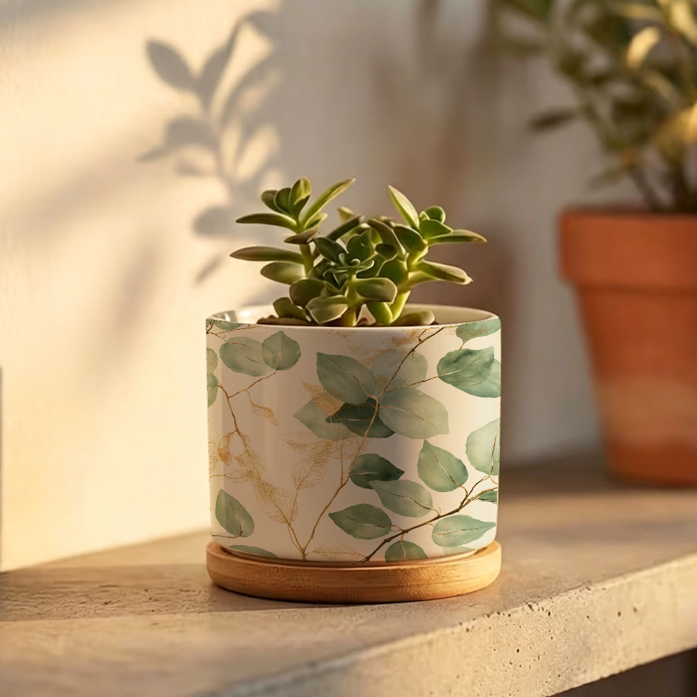 TEMU 1pc, Watercolor Style Eucalyptus Leaf Pattern Ceramic Vase With Drainage Hole, Decorative Indoor/outdoor Plant Pot, Succulent Planter, Plant