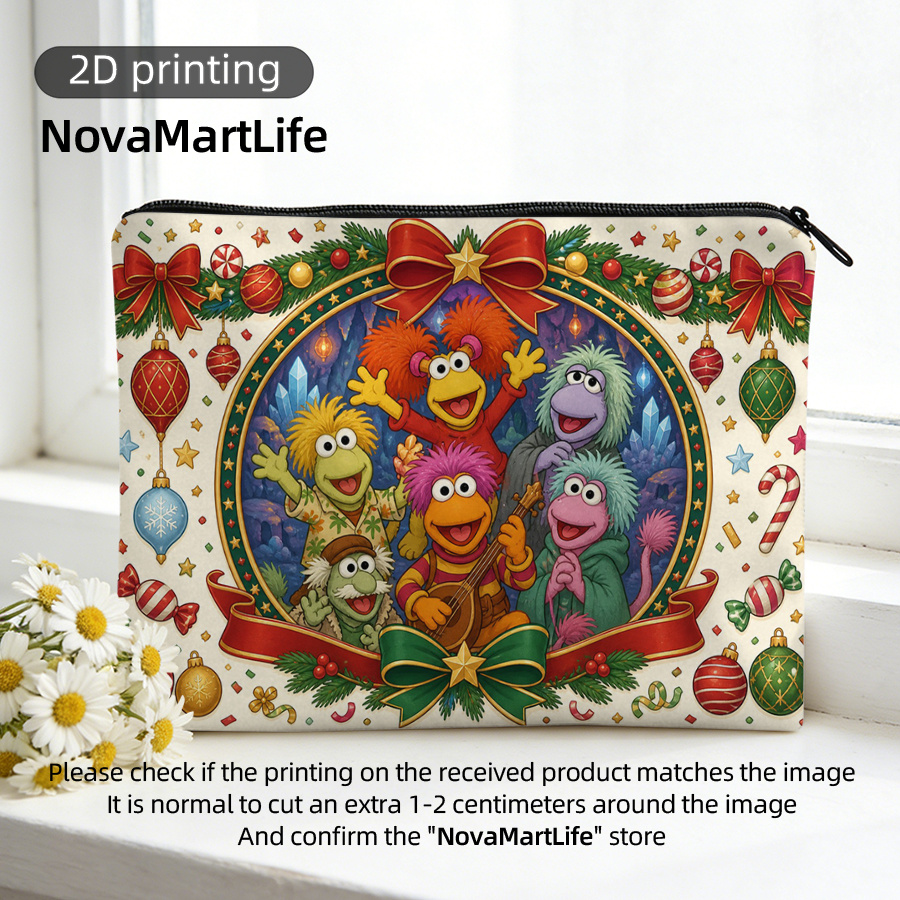 TEMU 2d Printing Christmas Muppet Characters Zipper Cosmetic Pouch, Portable Foldable Travel Makeup Bag With Festive Holiday Pattern, Unisex Toiletry