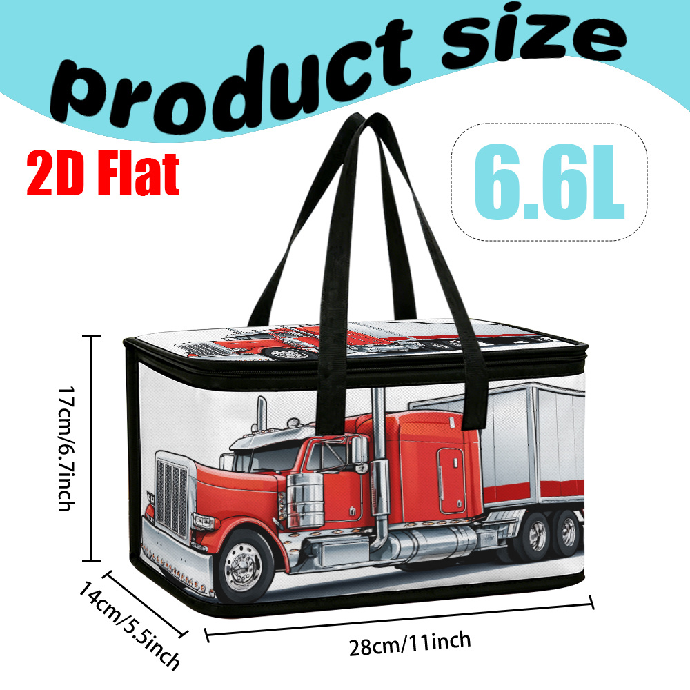 TEMU 2d Flat, 1pc Insulated Lunch Bag Red Semi Truck Themed Design, Reusable Grocery Bags Suitable For Keeping Meals Fresh And Warm During Commuting,