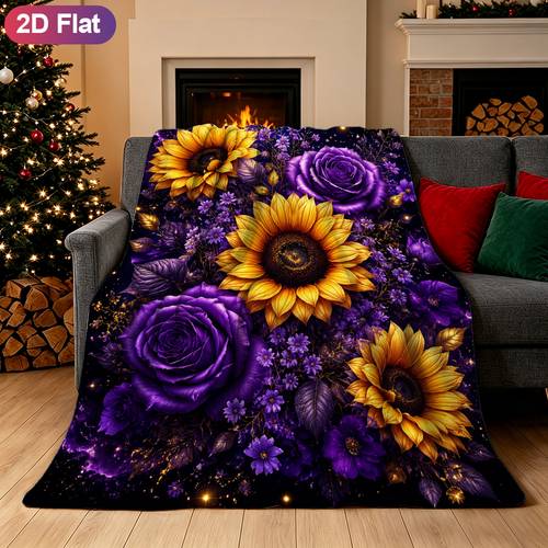 2d flat 1pc sunflowers purple roses printed lightweight flannel blanket home daily use bed sofa outdoor travel thoughtful birthday gift for 2d flat
