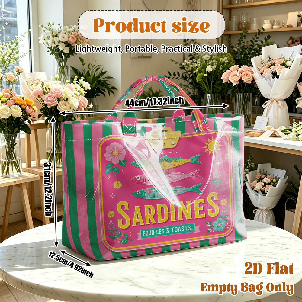 TEMU 1pc Reusable Grocery Bags, 2d Flat Printing With Pattern Pvc Large Capacity Travel Tote Bag, Shopping Bag,commuting Bag,beach Bag,yoga