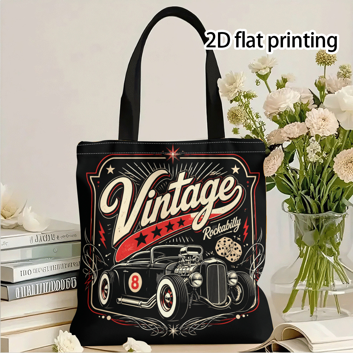 TEMU Vintage Rockabilly Hot Rod Graphic Design Tote Bag Novel Print Colorful Shoulder Bag Suitable For Outdoor Shopping Suitable For Gatherings