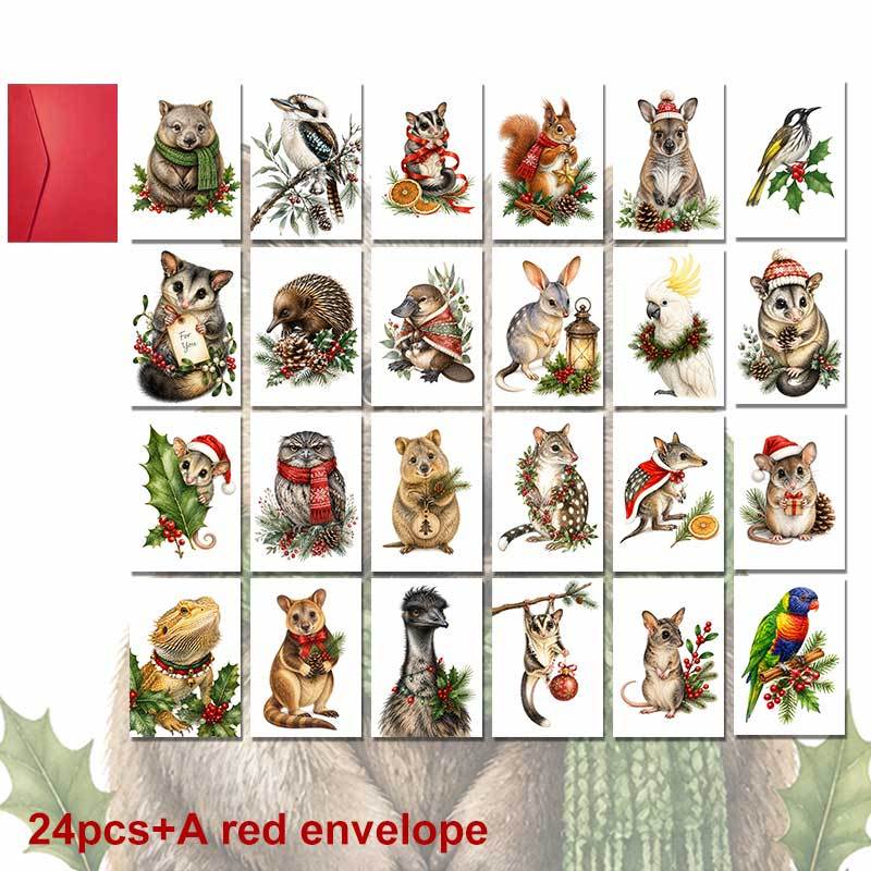 TEMU 24-pack+a Red Envelope Adorable Christmas Postcard, Cute Australian Animals With Festive Greenery For You, , Watercolor Art Stationery