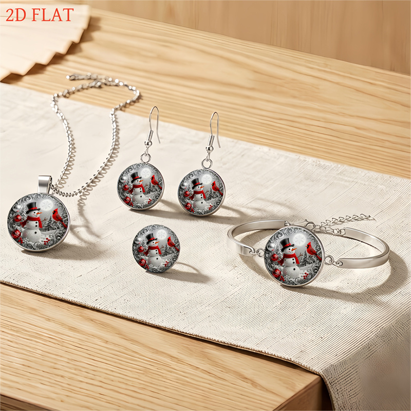 5pcs Christmas Snowman and Cardinal Bird Jewelry Set, Gift