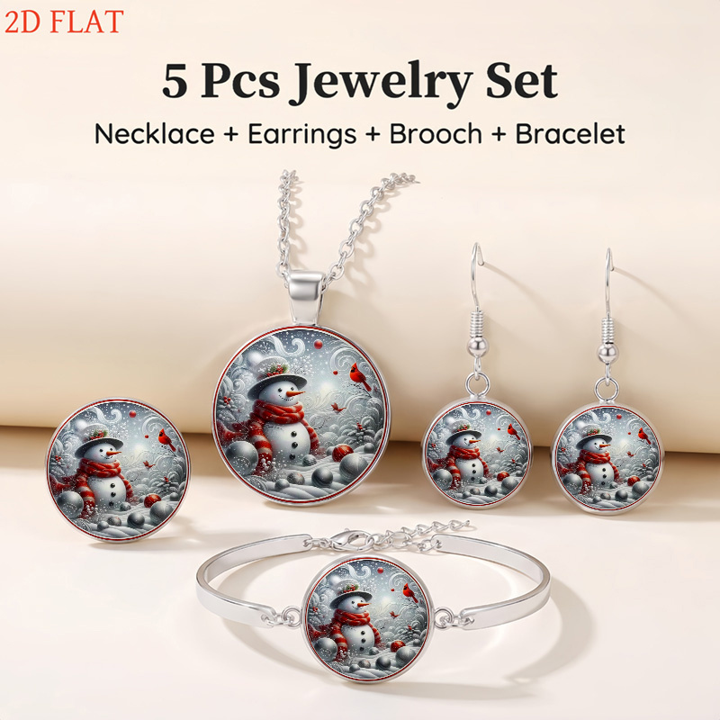 5pc Christmas Snowman & Cardinal Bird Jewelry Set