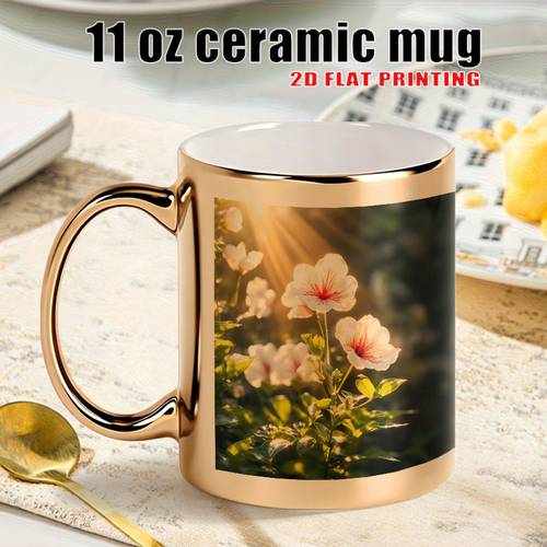 foto e artikullit 1 copë filxhan qeramike 11oz, cilësi e lartë, filxhan i qëndrueshëm, filxhan i artë me printimi 2d i sheshtë me kopsht lulesh, dhuratë për piknikë në , entuziastë të kopshtarisë, dashamirës të s, pranverore, dhurata dasme, 2d i sheshtë
