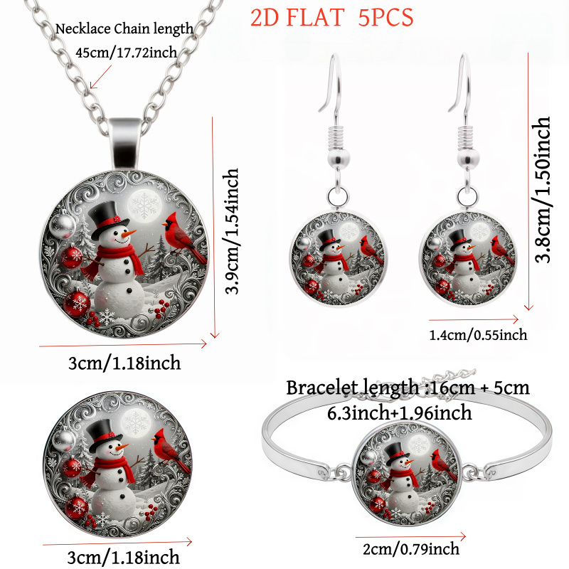 5pcs Christmas Snowman and Cardinal Bird Jewelry Set, Gift