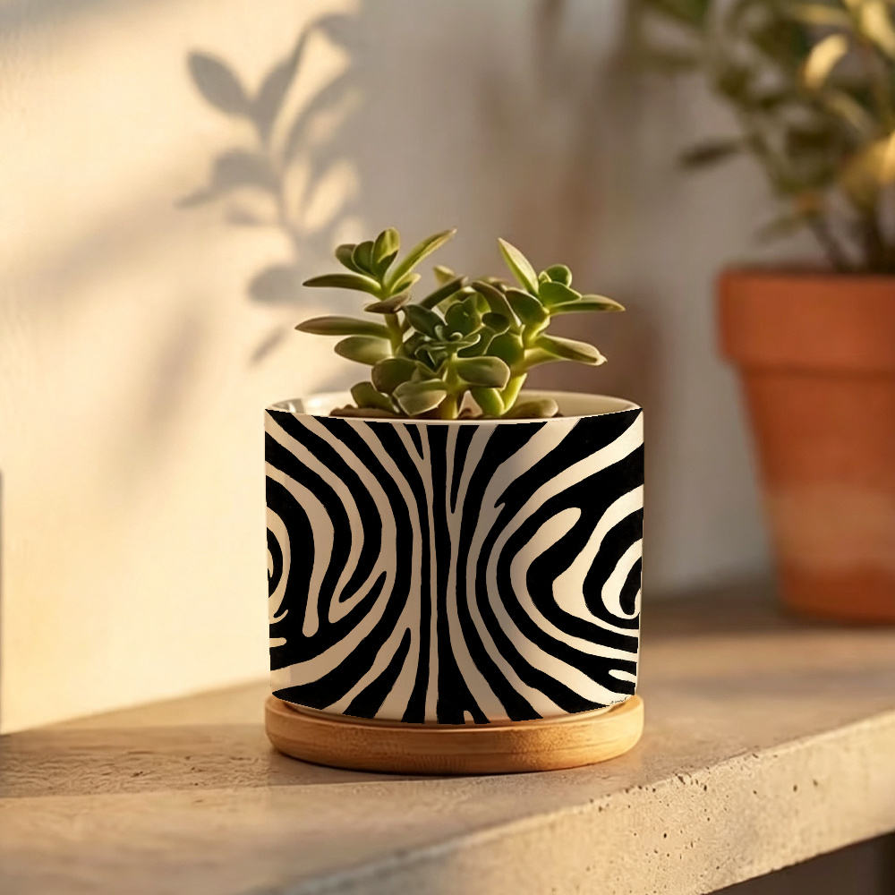 TEMU 1pc, Abstract Style Zebra Pattern Ceramic Vase, With Drainage Hole Decorative, Indoor Outdoor Plant Pot, Succulent Pot, Plant Decoration, Unique