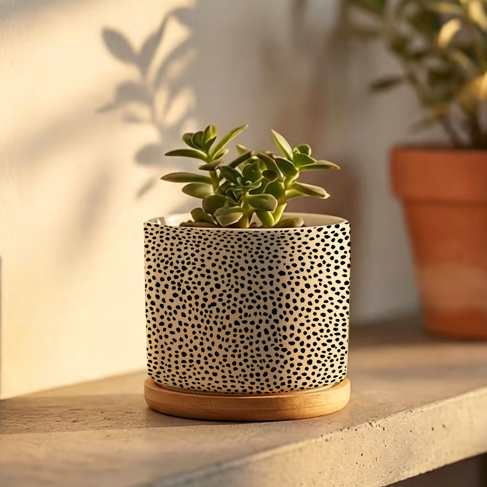 TEMU 1pc Polka Dot Ceramic Vase Suitable For Indoor/outdoor Use, Lightweight Rectangular Planter Pot With Drainage Hole & -standing Base, Modern