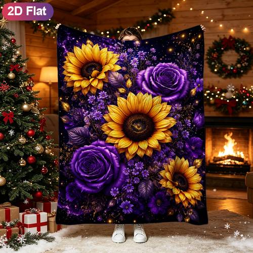 2d flat 1pc sunflowers purple roses printed lightweight flannel blanket home daily use bed sofa outdoor travel thoughtful birthday gift for 2d flat