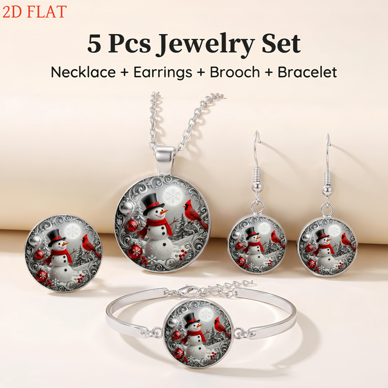 5pcs Christmas Snowman and Cardinal Bird Jewelry Set, Gift