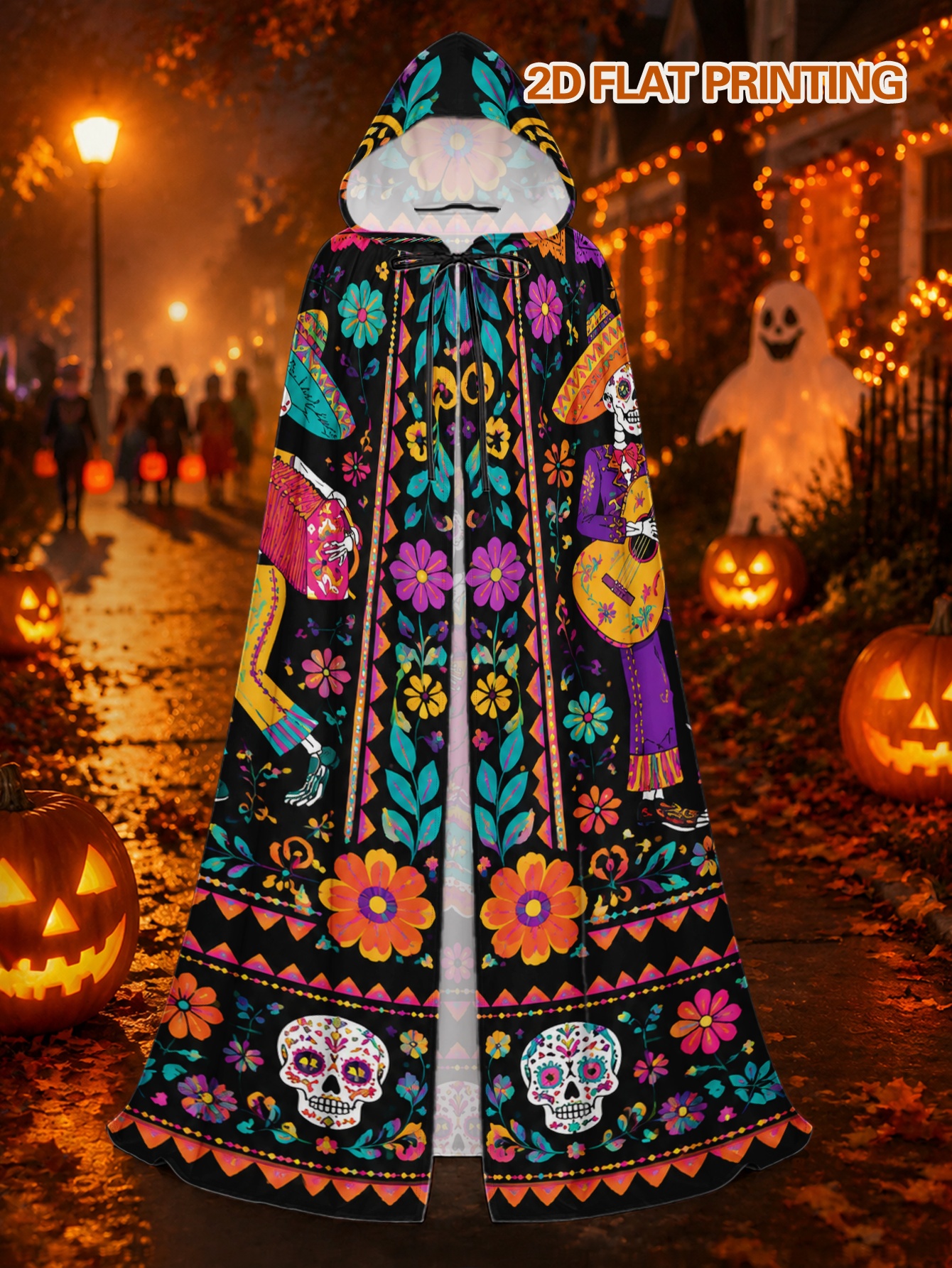 item picture 1pc halloween costume cloak with colorful folk skeletons celebration print   robe for men and women suitable for party clothing and christmas cosplay fun