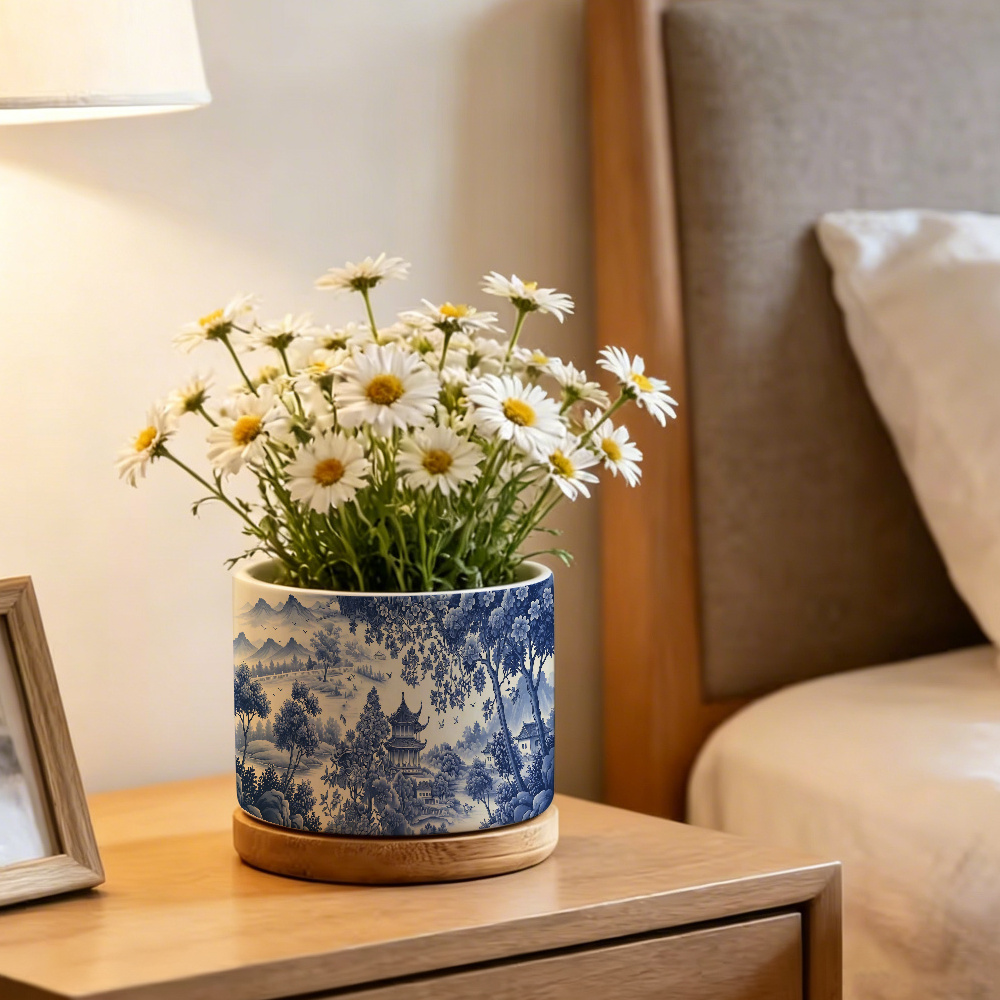 TEMU 1pc Chinese Blue And White Porcelain Ceramic Vase With Drainage Hole - Round Suitable For Indoor/outdoor Plant Pot, Succulent Planter, Asian