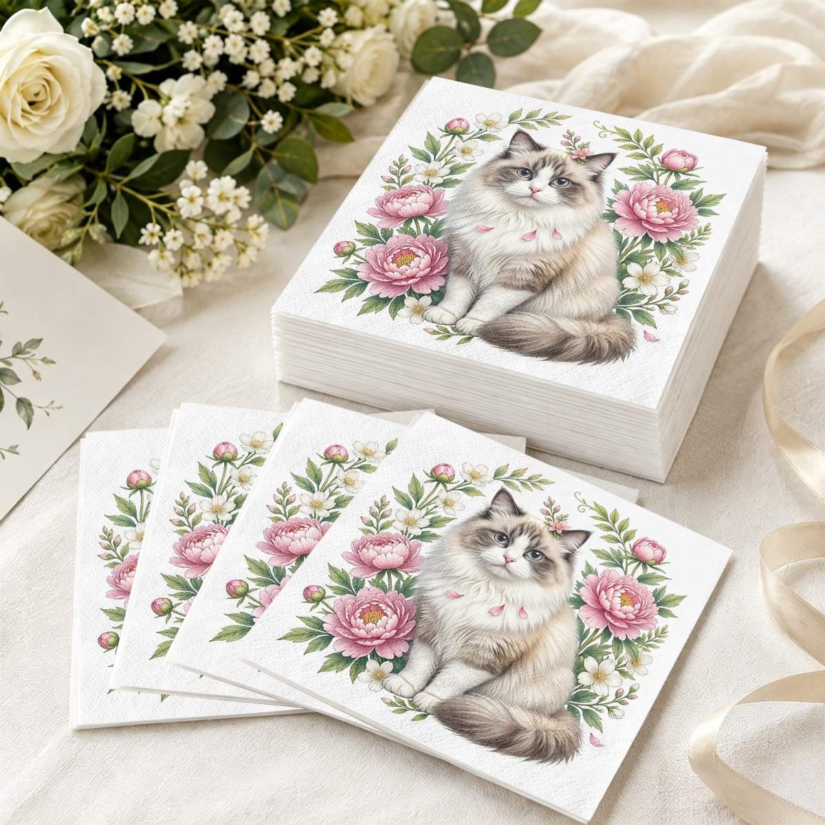 TEMU 20pcs Elegant Cat Garden-themed 2-layer Napkins, Table Paper, Suitable For Home Gatherings, Dessert Shops, Luncheons, Table Decoration, Wedding