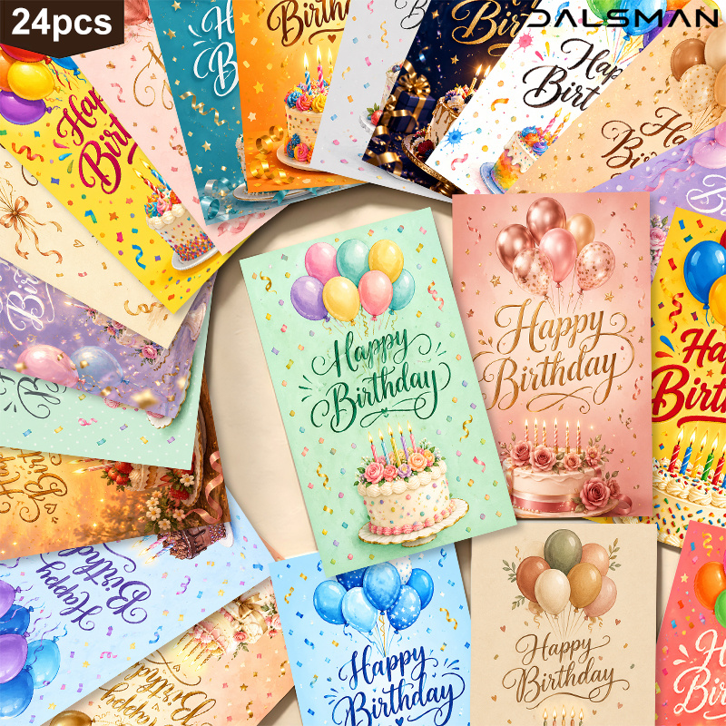 TEMU Set van 24 Happy Birthday-ansichtkaarten met taart- en ballonontwerpen voor vrienden en familie, feestelijke wenskaarten voor feestuitnodigingen