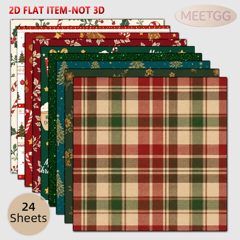 TEMU 2d Flat Mini 24 Sheets Non-repeating 6x6 Inch Vintage Christmas Paper, Red And Green Scottish Tartan Journaling Material, Junk Journal Holiday