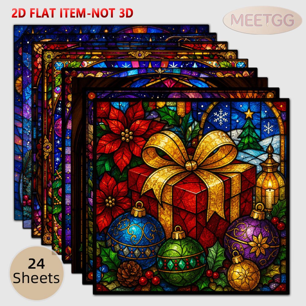 TEMU 2D Plat MINI 24pcs Autocollants de Noël Uniques 6X6 Pouces Style Verre Peint, Papier Fin, Matériaux de Père Noël et de en Verre Teinté d'Église,