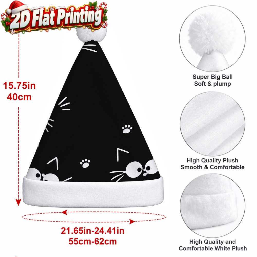 TEMU 1pc 2d Flat Cartoon Cats Stars Black Background Printed Christmas , Santa Hat For Holiday Parties, Winter Headwear Accessory For Adults, Great