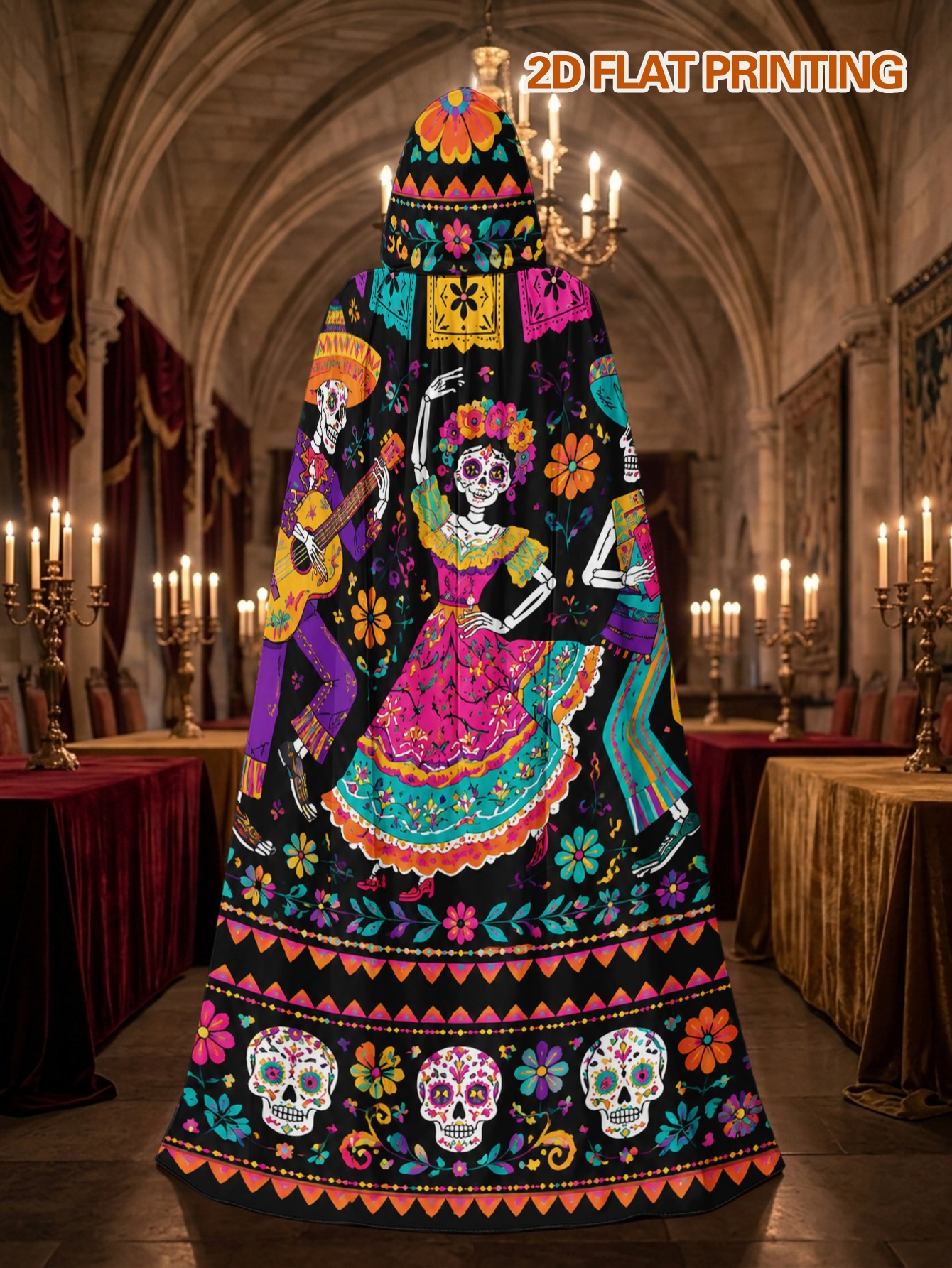 1pc halloween costume cloak with colorful folk skeletons celebration print   robe for men and women suitable for party clothing and christmas cosplay fun