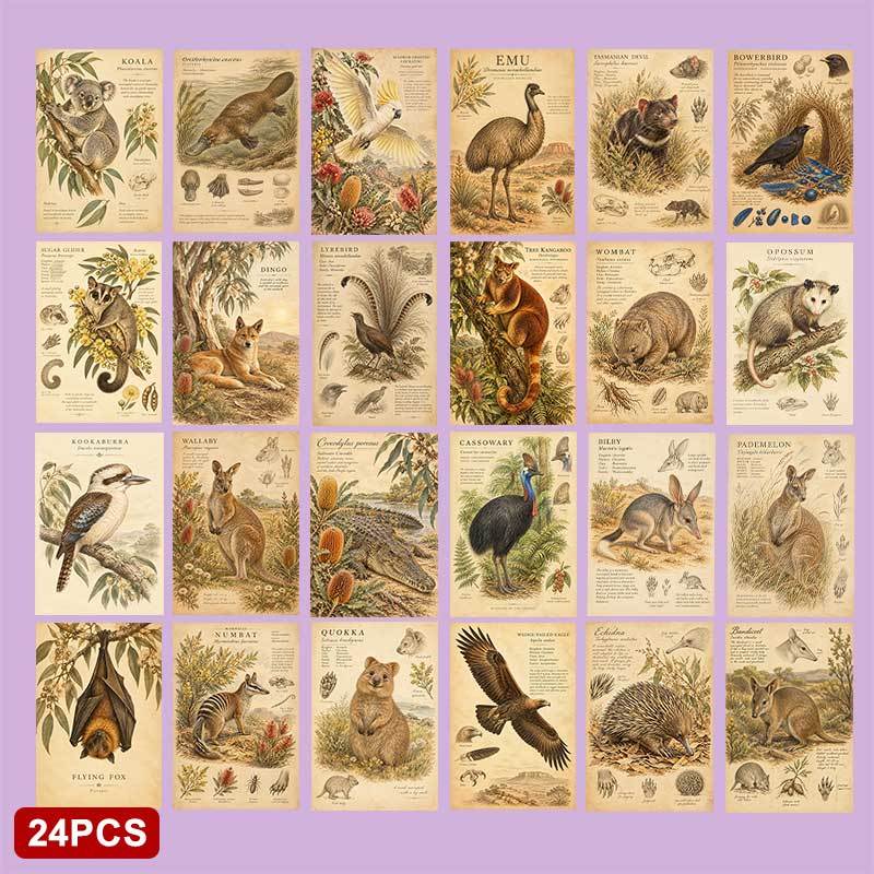 TEMU 24-pack Retro Natural Science Style Holiday Postcards, [2d Flat Cards], Australian Rare Wildlife Science Illustration, Collectible Decorative