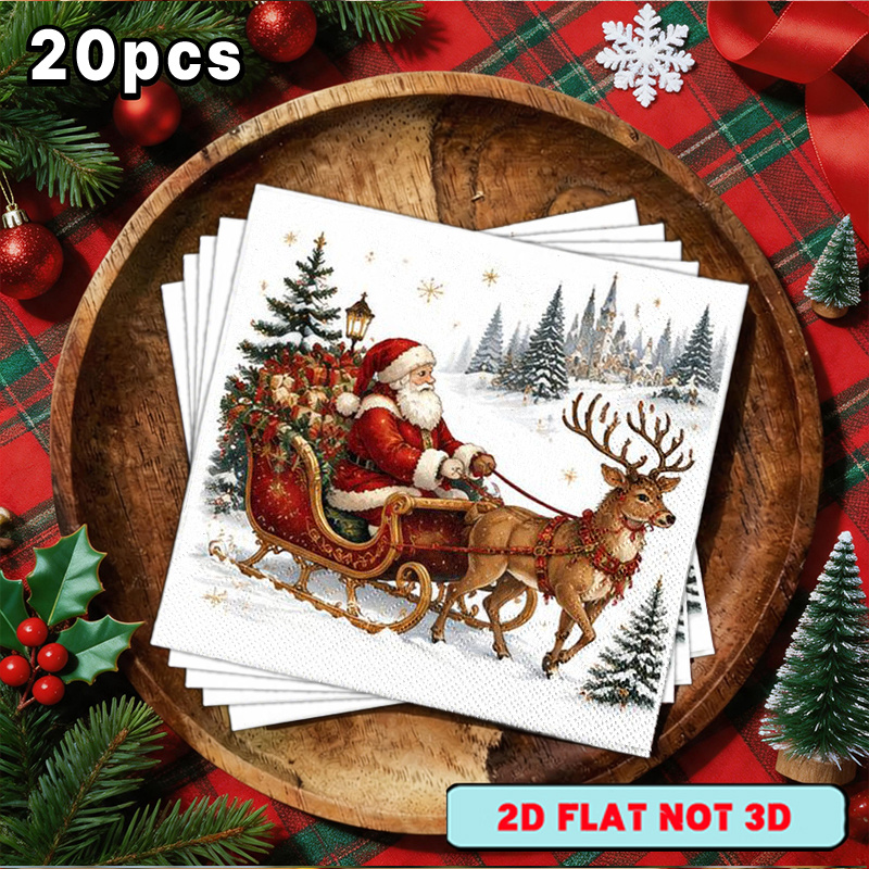 TEMU [2d Flat] 20pcs Winter Merry Christmas Theme Napkins, With Santa And Reindeer Sleigh Winter Scene , Suitable For Parties, Outdoor Gatherings,