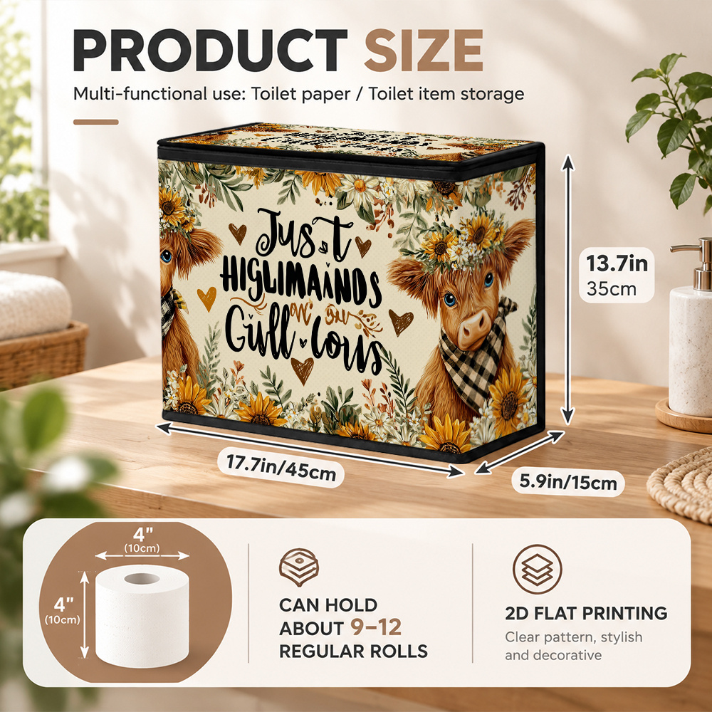 TEMU (2d Flat) 1pc Highland Cows And Sunflowers Print Toilet Paper Storage Organizer, Large Capacity Roll Tissue Basket With Lid, Practical Container