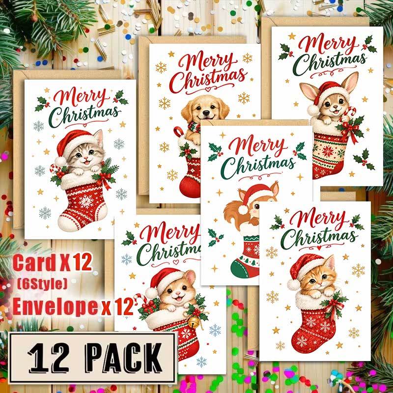 12 greeting cards 12 envelopes adorable christmas 2  card   in stockings merry christmas   friends   festive art card