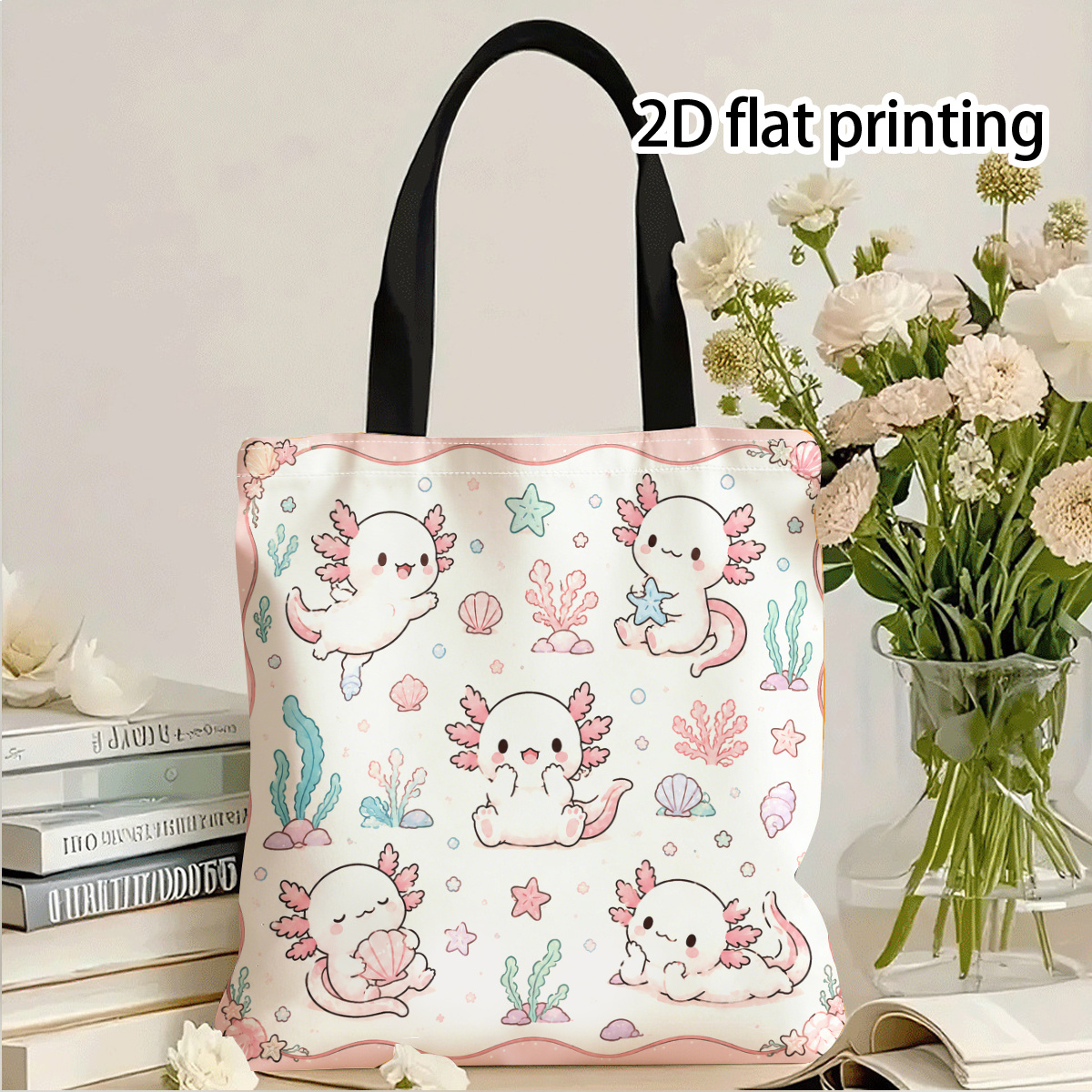 TEMU Axolotl Underwater Pattern Sticker Design Tote Bag Novel Print Colorful Shoulder Bag Suitable For Outdoor Shopping Suitable For Gatherings