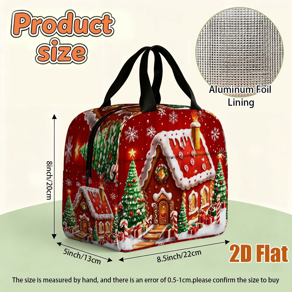 TEMU Non-food Contact 2d Flat 1pc Lunch Bag Christmas Gingerbread House High-quality Zipper, Front Pocket Suitable For For Perfect For Camping,