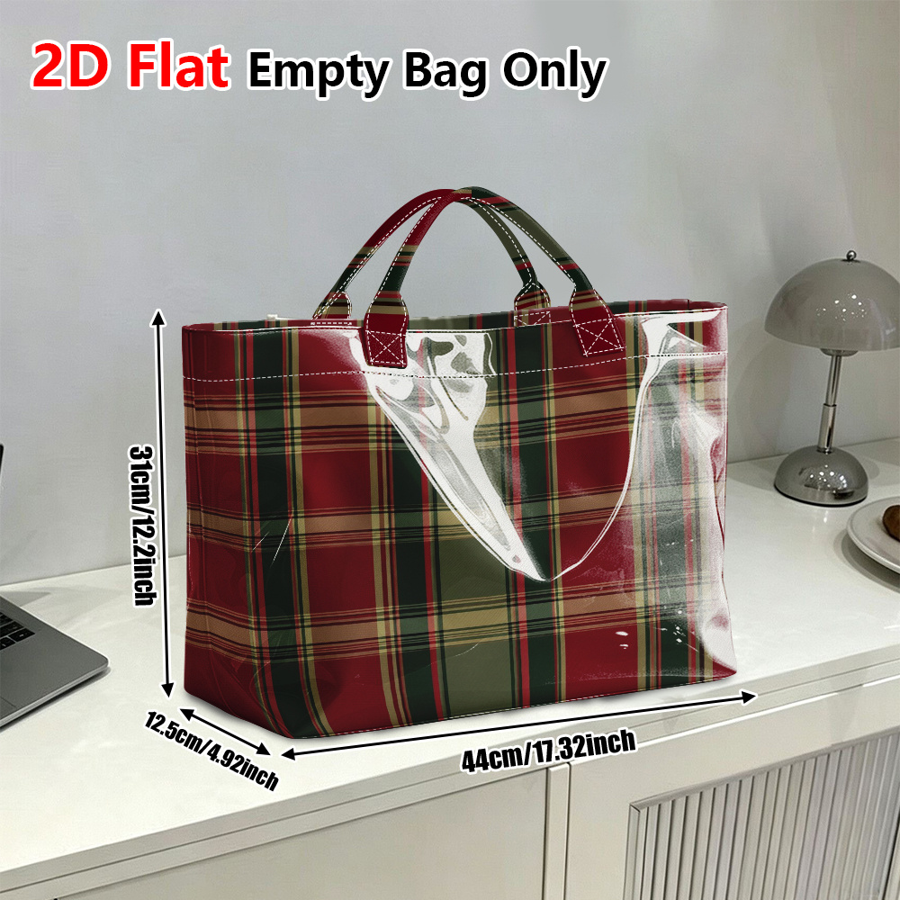 TEMU 1 pièce Sac de courses réutilisable, Sac fourre-tout plat 2D en PVC brillant à carreaux écossais de Noël pour de travail, Grand sac à main