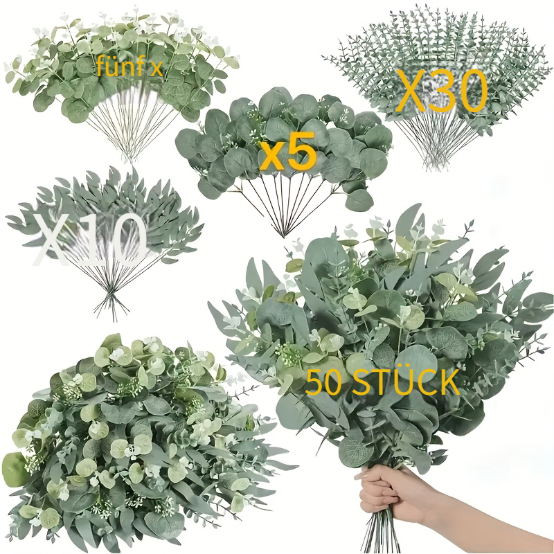 50-teiliges Set künstlicher gemischter Eukalyptus Stiele im Großhandel, 4 Arten synthetischer Edelsteinblätter zur Auswahl, DIY-Strauß-Blumenarrangement für * * für Valentinstag, Thanksgiving &