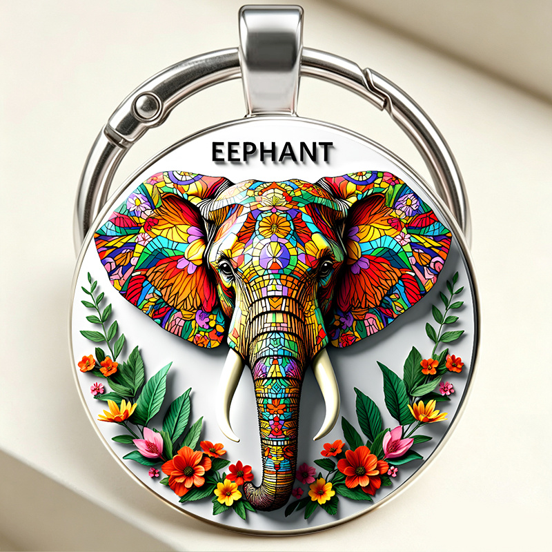 TEMU 2d Flat Circular Keychain, Vibrant Multicolor Elephant-themed Key Chain, Exquisite Intricate Design With Floral And Geometric Patterns, Suitable