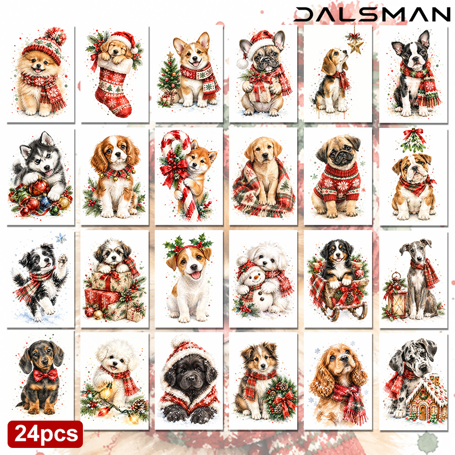 TEMU 24-Pack Aquarel Hond Postkaarten Kerst Wenskaarten voor Vrienden en Familie Vakantie Schrijfwaren Benodigdheden voor Seizoensgebonden Post en