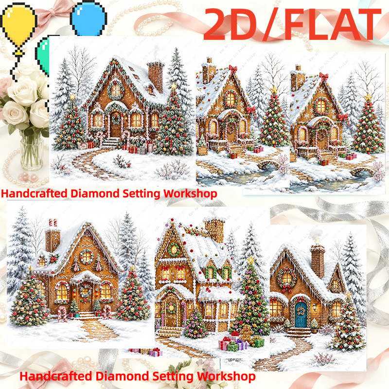 TEMU 6-style Wreath And Candy Cane Gingerbread House Pattern 2d Flat Diy Diamond Painting Greeting Card Set, European-style Snowy Town Christmas Tree