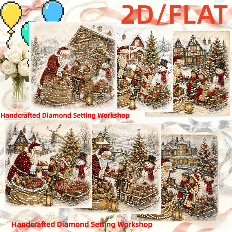 TEMU 6pcs Vintage Christmas Town Santa Claus Gifting Children Pattern 2d Flat Diy Diamond Painting Greeting Card Set, European-style Snowy Christmas